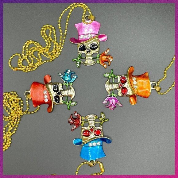 Grinning Skull with Rose and Top Hat Skeleton Necklace / Pendant #869 (red hat) - Picture 5 of 10